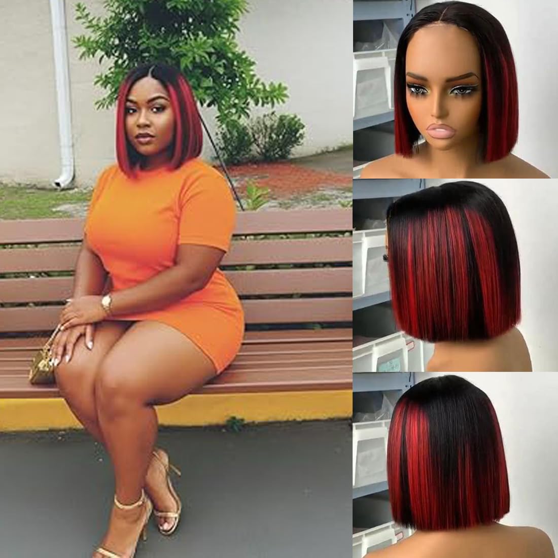 Burgundy Ombre Pre Cut Glueless Bob Wig Human Hair 8 Inch | Pre Cut Pre Plucked Glueless Wig, Wear and Go Drawstring Human Hair Wig, 210% Density, 1b/burgundy drawstring wig