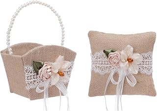 Wedding Flower Girl Basket And Ring Bearer Pillow Set of 2, Rustic Burlap Lace Decor Ring Bearer Pillow And Flower Girl Baskets,Burlap Flower Basket And Bowknot Ring Bearer Pillow Set