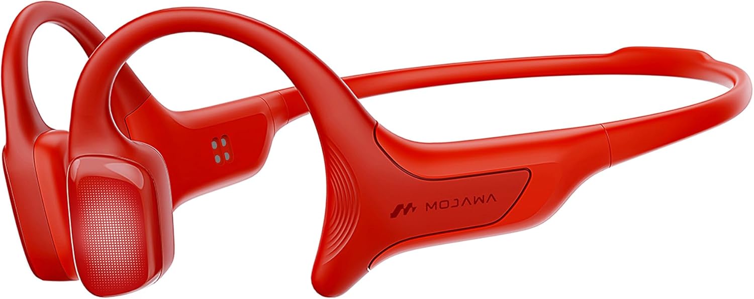 mojawa HaptiFit Terra Advanced Smart Sports Wearable, Open Ear Bluetooth Bone Conduction Headphones with Mic and 32GB MP3, Waterproof Wireless Earphones for Workouts, Swimming and Running, Red