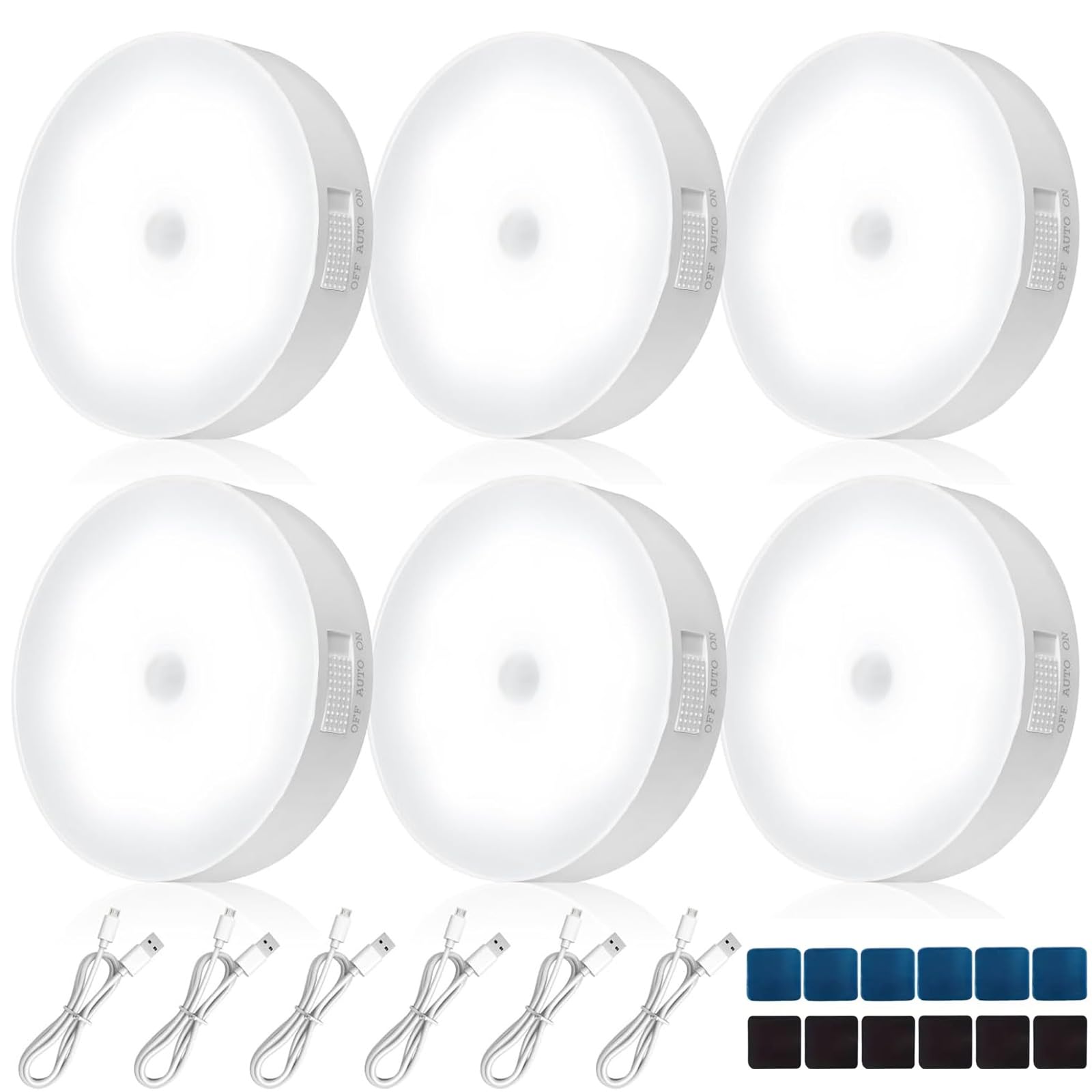 6 Pack Motion Sensor Lights Indoor, USB Rechargeable Wireless Wall Light with Auto/On/Off, 8 LEDs Removable Wall Led Puck Light for Stairs Corridors Kitchen Under Cabinets (White Light) โ image 1