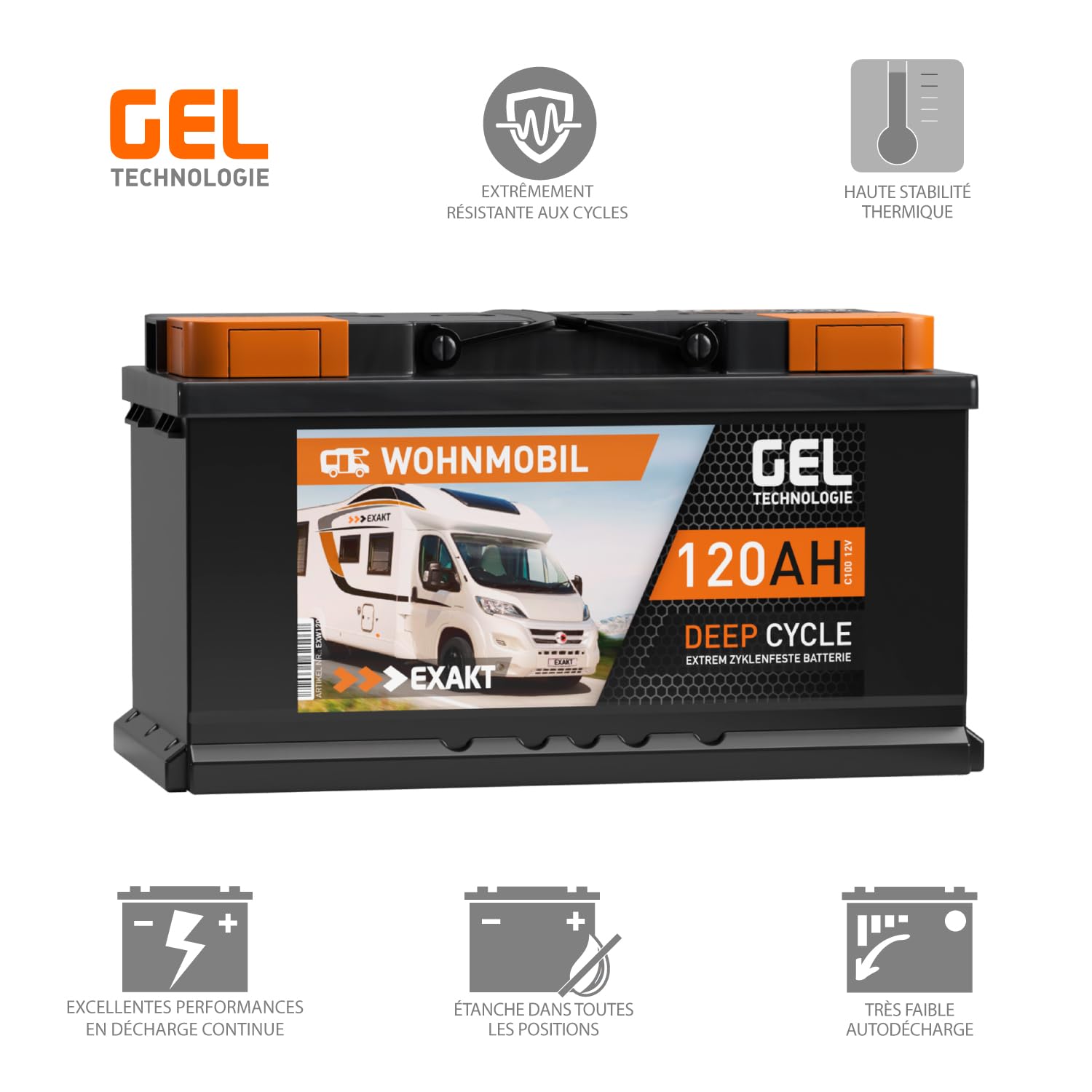 EXAKT Batterie Gel 12V 120Ah Camping Car Caravane Solaire décharge Lente