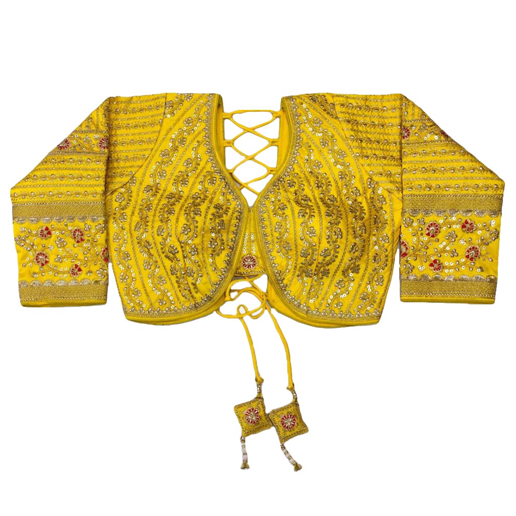 Pujia Mills Women's Heavy Embroidery Coding With Sequins Work 3/4Th Sleeves Fancy Readymade Saree Blouse(Missy Yellow_38)
