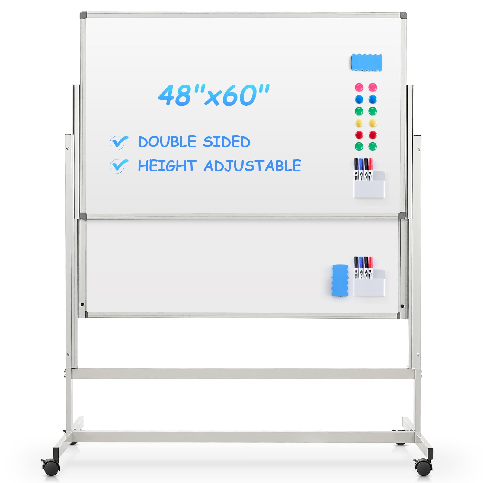 MAKELLO Rolling Whiteboard on Wheels 60x48 in, Large Dry Erase Board with Stand, Double Sided Magnetic White Board for Office School Home, Height Adjustable, Aluminum Frame, 5'x4'