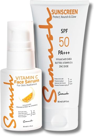 "Samush Skincare Combo | Vitamin C Face Serum (30ml) + Sunscreen SPF 50 PA+++ (50ml) | Brightening, Spot Reduction & UV Pr...