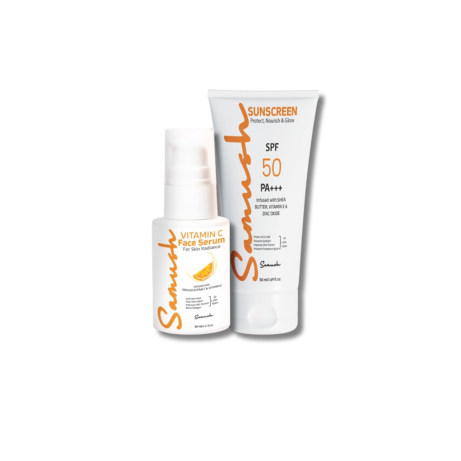 "Samush Skincare Combo | Vitamin C Face Serum (30ml) + Sunscreen SPF 50 PA+++ (50ml) | Brightening, Spot Reduction & UV Pr...