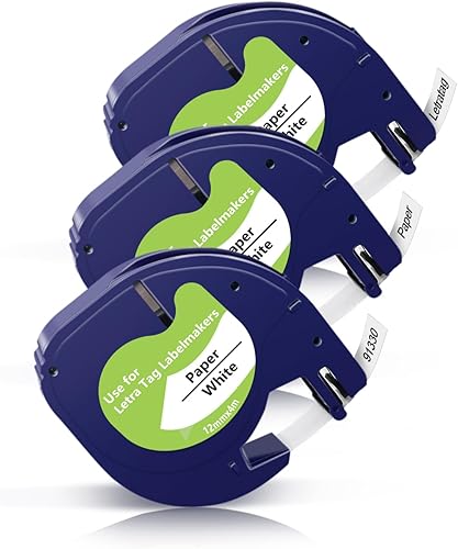 91330 - Paquete de 3 cintas de repuesto de papel blanco para Dymo LetraTag de 12 x 13 (0.472 in x 13.1 ft), compatible con rotuladora Dymo Letratag