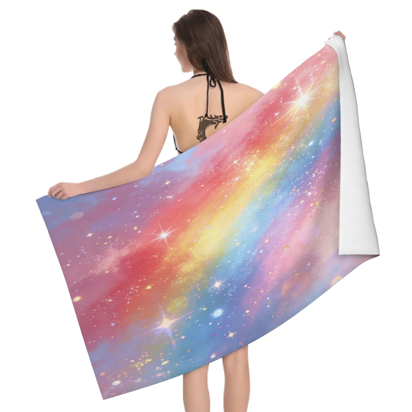 Leichong 3D Rainbow Starry Sky Beach Towel Microfiber Soft Quick Dry for Adults, Starry Sky Bath Towel Lightweight Soft Absorbent for Travel Swimming Pool Sports, 75 x 150 cm