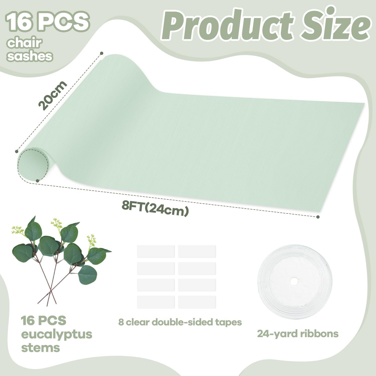 FANPROMS 16 Packs Sage Green Chair Sashes Chiffon Chair Bow Designed Decorative Wedding Aisle Sheer Chairs Sash Cover with Artificial Eucalyptus for Bridal Shower Reception Hotel Supplies
