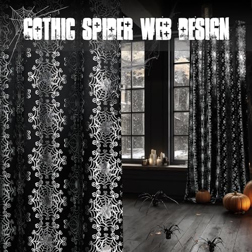 NICETOWN Black Gothic Sheer Curtains for Halloween, Grommet Spider Web Foil Print with Light Filtering Drapes for Horror Theme Room, W52 x L96, 2 Panels