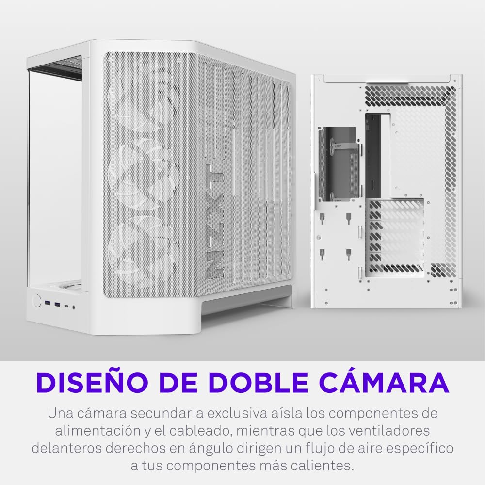 NZXT H6 RGB+ - Caja PC ATX Compacta Doble Cámara - Blanco | Caja ATX de doble cámara con ventiladores RGB preinstalados y Control Hub Lite. Iluminación sincronizada con CAM de fábrica.