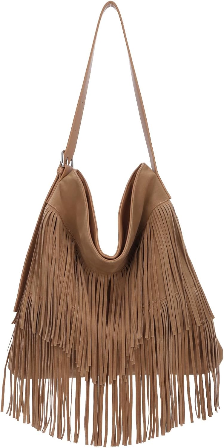 Women's Oversized Fringe Hobo Bag Synthetic Suede Slouchy Boho Shoulder Bag Large Capacity Western Style Crossbody Purse with Tassel, Brown