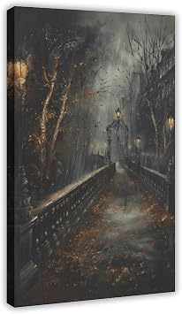 Fotuven Moody Rainy Night Bridge Art, Dark Academia Wall Decor, Street Cityscape, Vintage Autumn Leaves Fall Landscape City Art Painting Frame-style 24x36inch60x90c