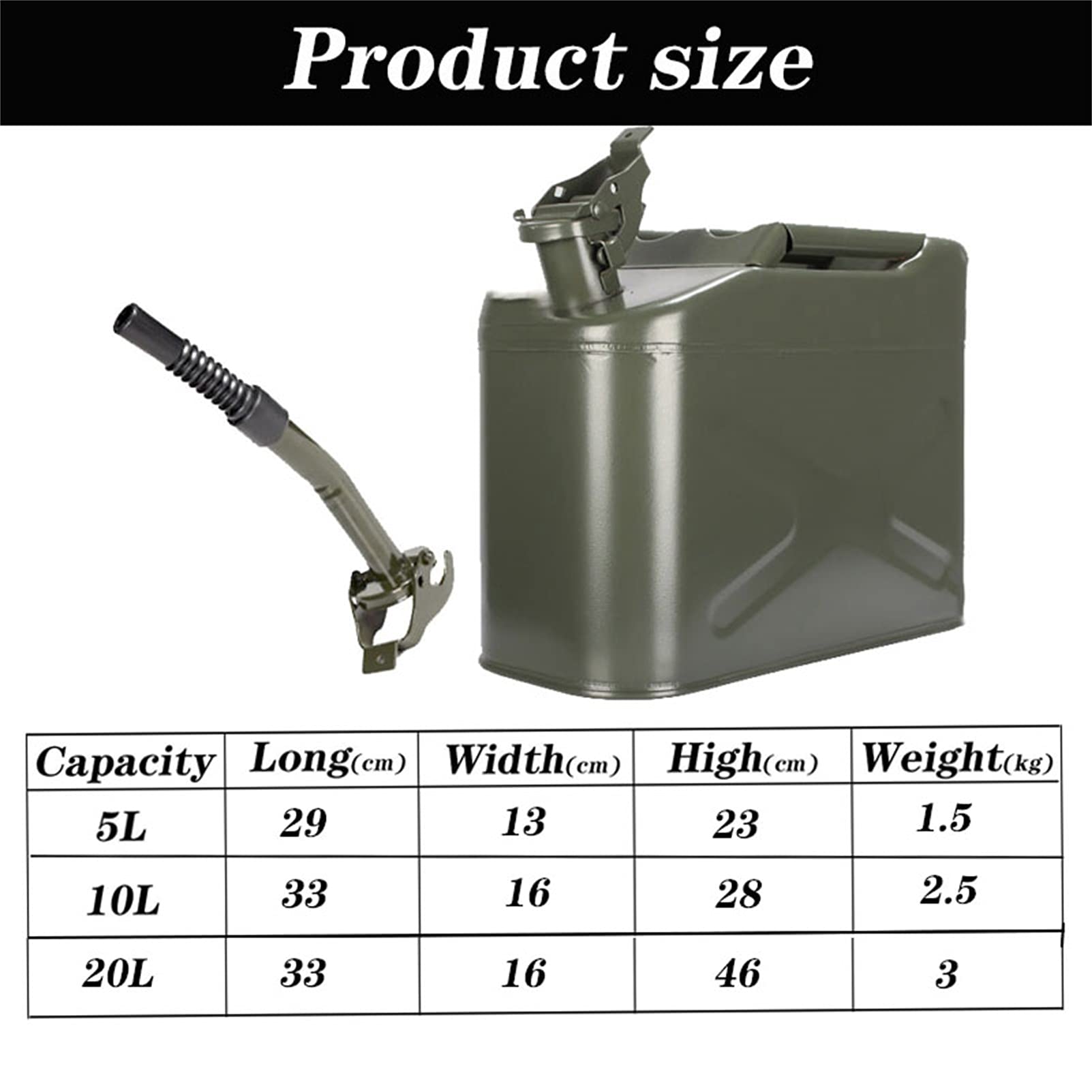 CGF- Benzinkanister 5L,10L,20L Military Can Heizöl Wasser Benzin Diesel Lagertank mit Ausguss, Sicherheitszertifizierung, Armeegrün mit UN-Zulassung