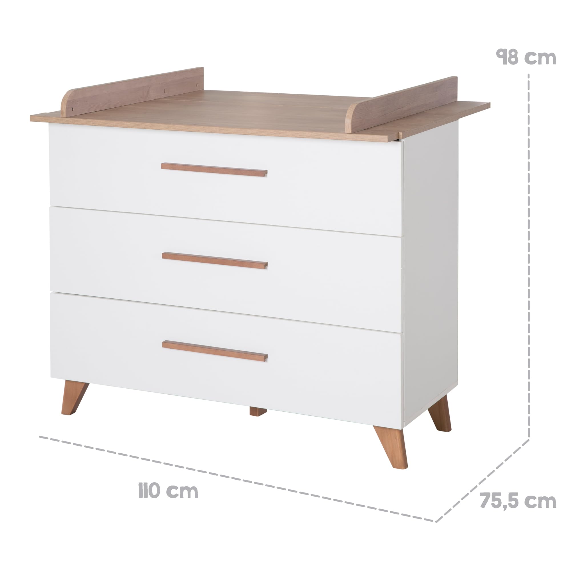 roba Set per cameretta bambini 3 pezzi Lettino 70x140 cm convertibile fasciatoio 3 cassetti armadio bambini Maniglie piedi legno massello Bianco rovere scuro