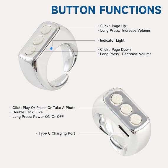 CKG Tiktok Scrolling Ring, Tiktok Remote Control for Android and iPone, Bluetooth Remote Clicker Control, Minimalist Style and Smart Make Life Easier - Metallic Silver