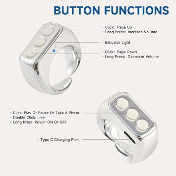 CKG Tiktok Scrolling Ring, Tiktok Remote Control for Android and iPone, Bluetooth Remote Clicker Control, Minimalist Style and Smart Make Life Easier - Metallic Silver