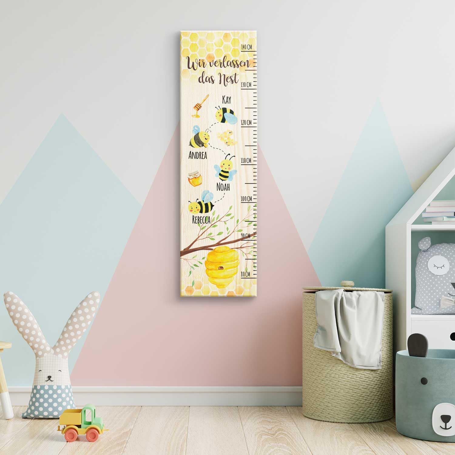 GRAVURZEILE Messlatte als Abschiedsgeschenk Erzieherin & Tagesmutter mit Namen der Kinder aus Holz - Skala misst 80-140 cm - Größe 20 x 70 x 2 cm Farbe Messlatte Bienen