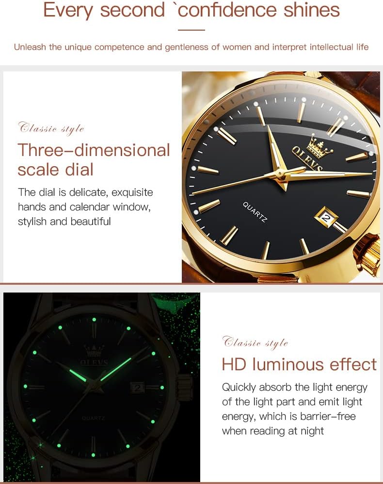 OLEVS Women's Business Dress Watches for Ladies Female Brown Leather Strap Small Face Dress Analog Quartz Wrist Watch with Calendar Day Date Waterproof Luminous Gift Classic Casual Retro Band - Image 5
