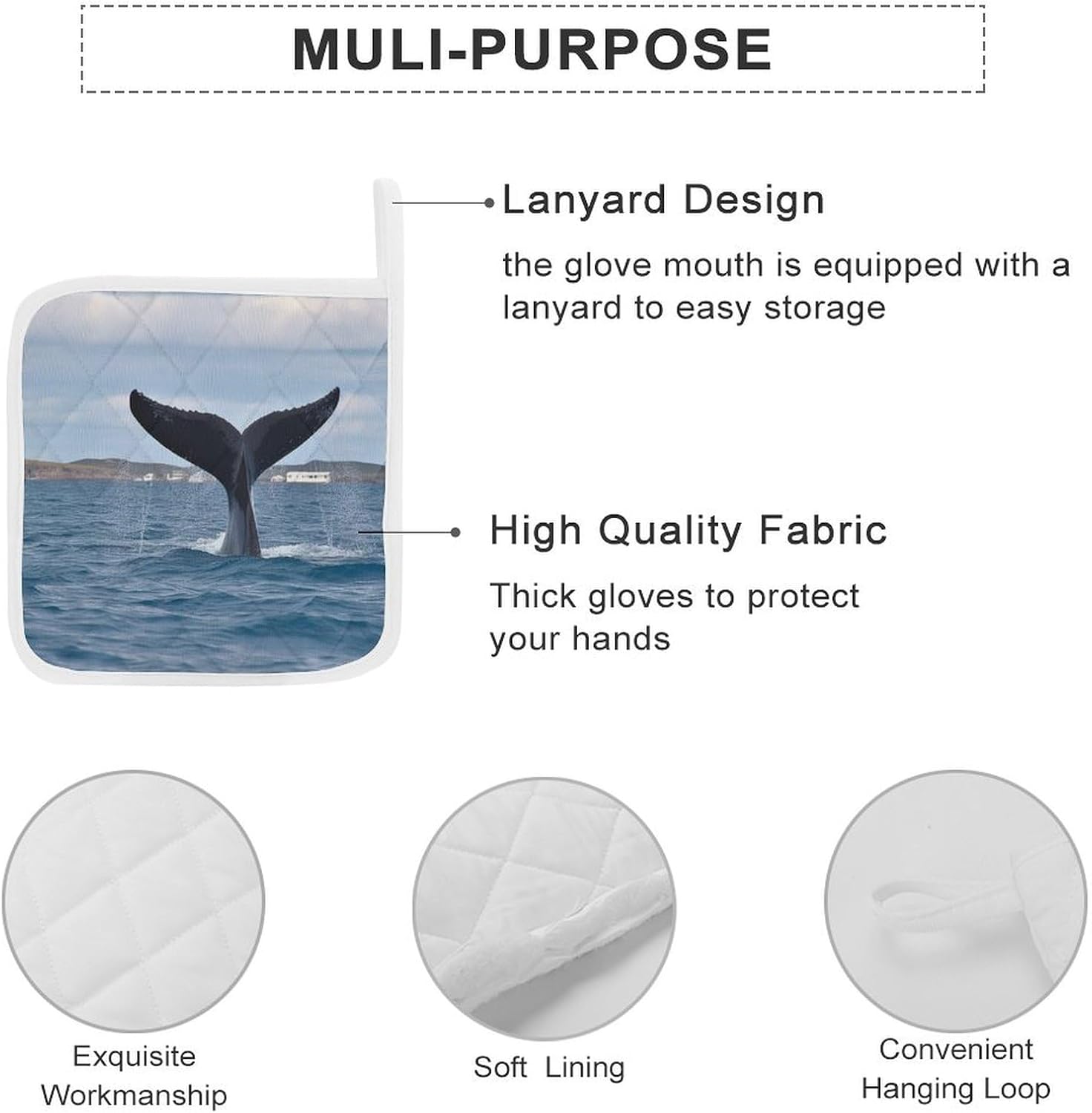 Pot Holder Set of 2 Whale Tail Printed Potholders for Kitchens Heat Resistant & Non Slip Potholders for Kitchen Cooking Baking BBQ