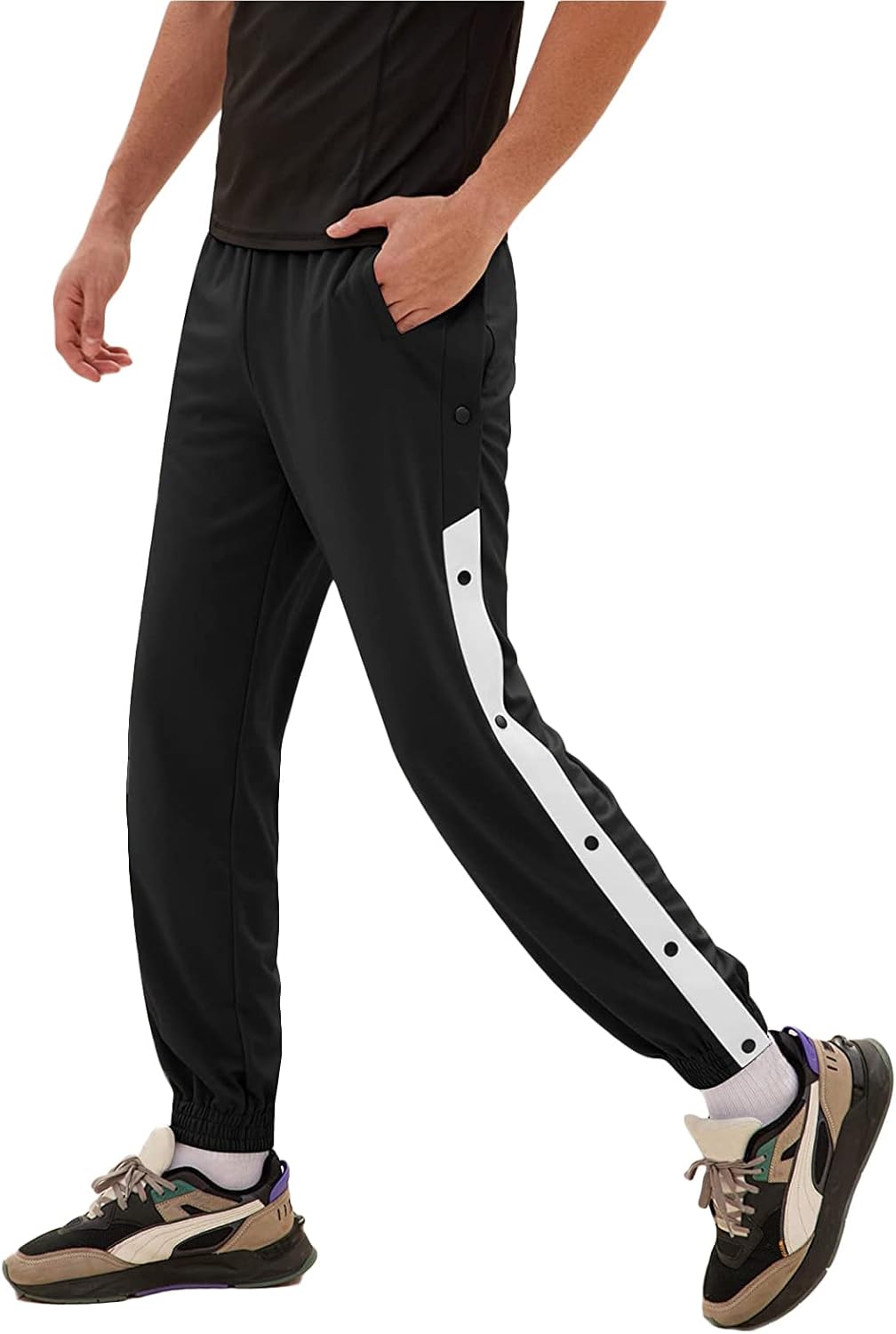Men's Tear Away Basketball Track Pants High Split Side Snap Cinch Bottoms Loose Sweatpants Casual Athletic Workout Trouser