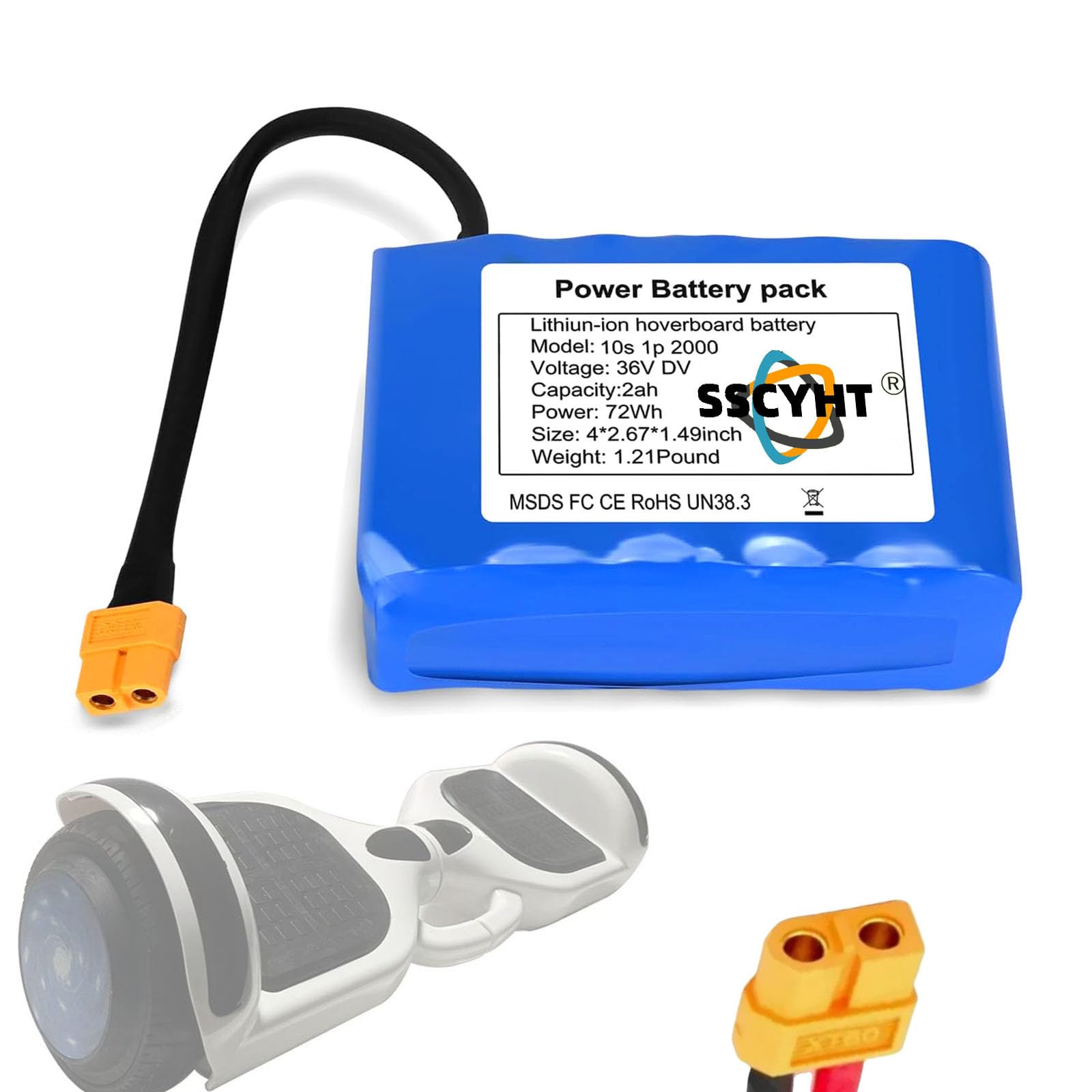 36V 2Ah/2000mAh Ersatz-Lithium-Akku (10S1P) für Hoverboards (36 Volt) mit XT60-Stecker, geeignet für 0-72Wh Balance-Cars, Einräder und Scooter.