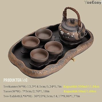 Handmade Traditional Chinese Clay Tea Set with Teapot (350ml) 4 Tea Cups (50ml) and Reservoir Style Serving Tray