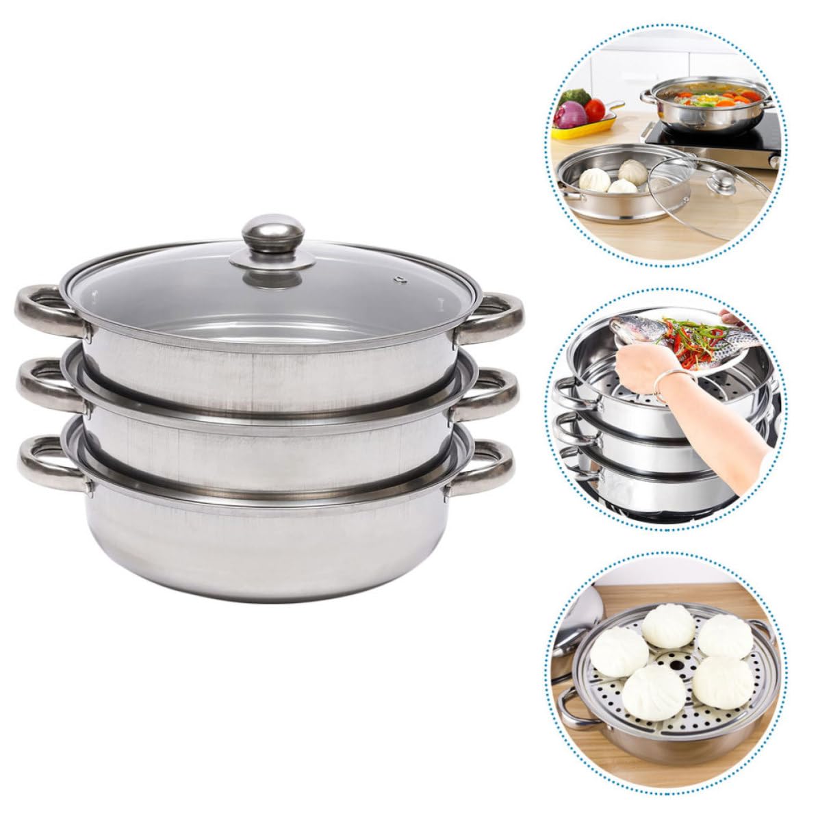 DECHOUS Edelstahl Dampfgarer 3 lagig mit Glasdeckel 28cm Durchmesser für Schonendes Dampfgaren von Gemüse und Speisen im Haushalt