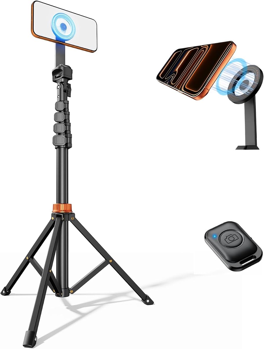 66" Magnetic Phone Tripod, Tripod for iPhone with Remote & Strong Magnetic Holder for Magsafe, Stable Cell Phone Tripod for Video Recording | Strong Magnetic Holder for Magsafe, Stable Cell Phone Tripod for Video Recording