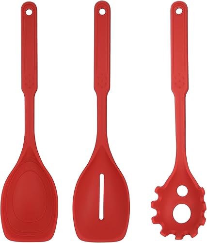 Cuchara de cocina de silicona con marcas de medición, borde plano y fragmentado para cocinar, servir, raspar y remover, alta resistencia al calor y