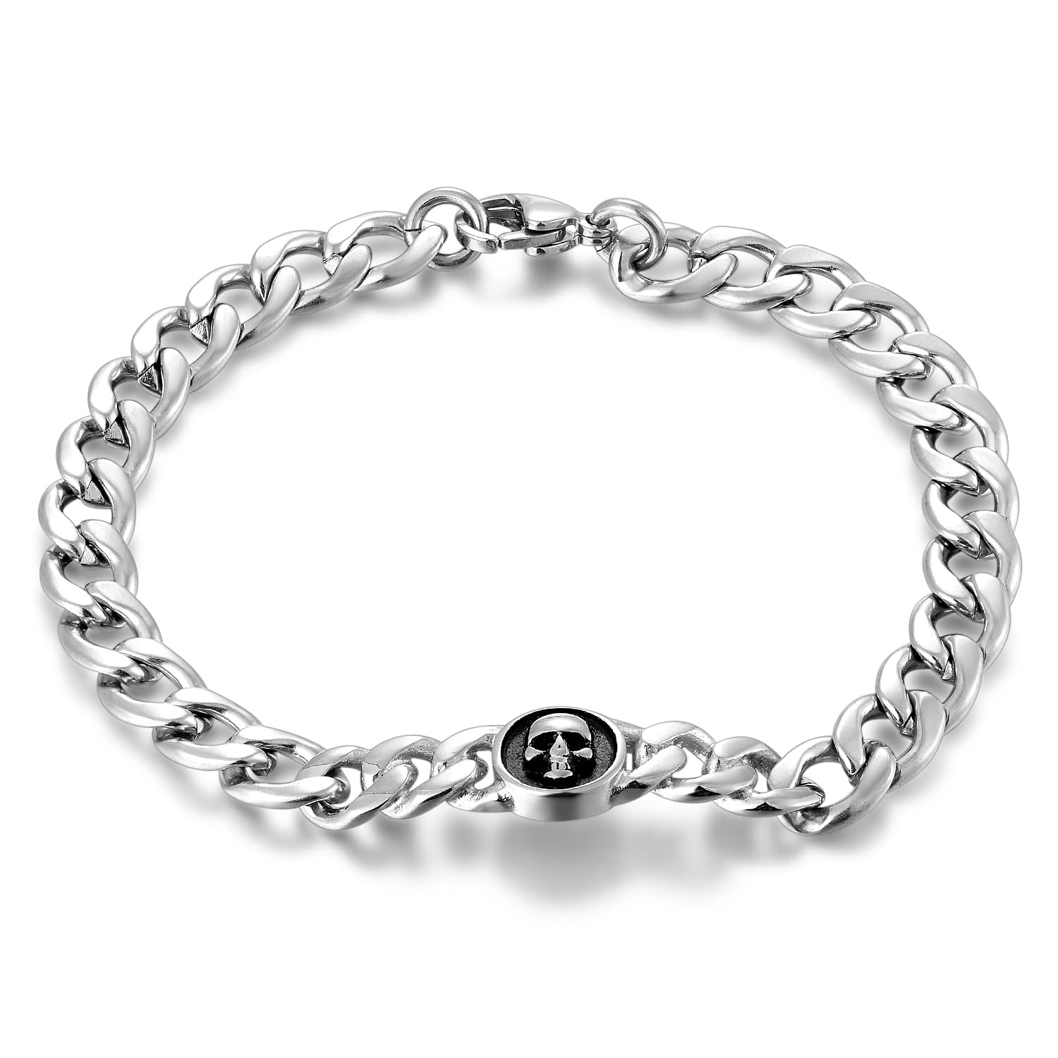 BIYONGDE Mens Curb Chain Bracelet with Skull, Stainless Steel Chain Bracelet for Men, Mens Punk Rock Skull Bracelet, Timeless Style