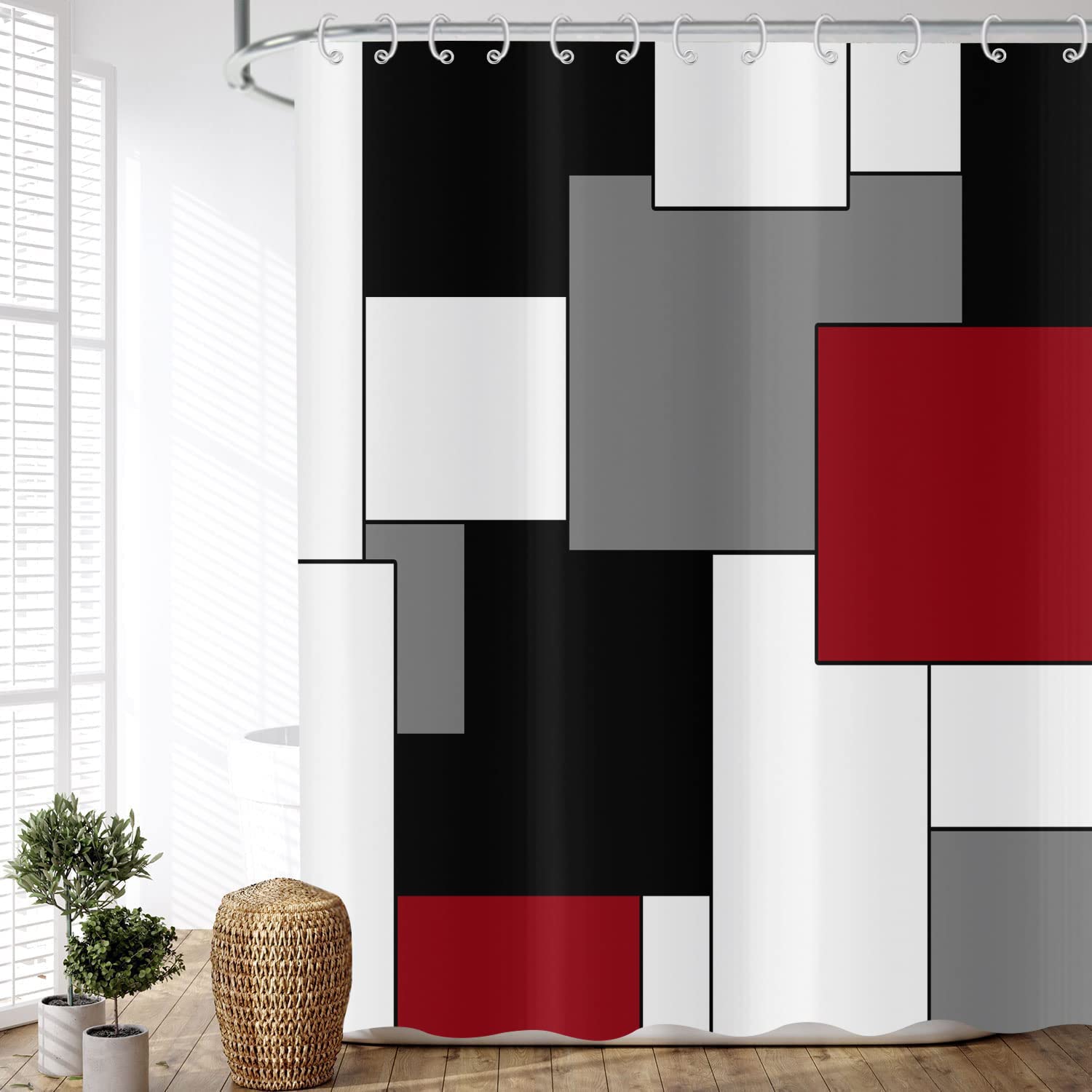 ASDCXZ Shower Curtain Red 120x180 cm, Modern Abstract Geometry Red Black Grey White Waterproof Textile Bathroom Shower Curtains Washable Polyester Fabric Shower Curtain for Bathtub with 8 Hooks