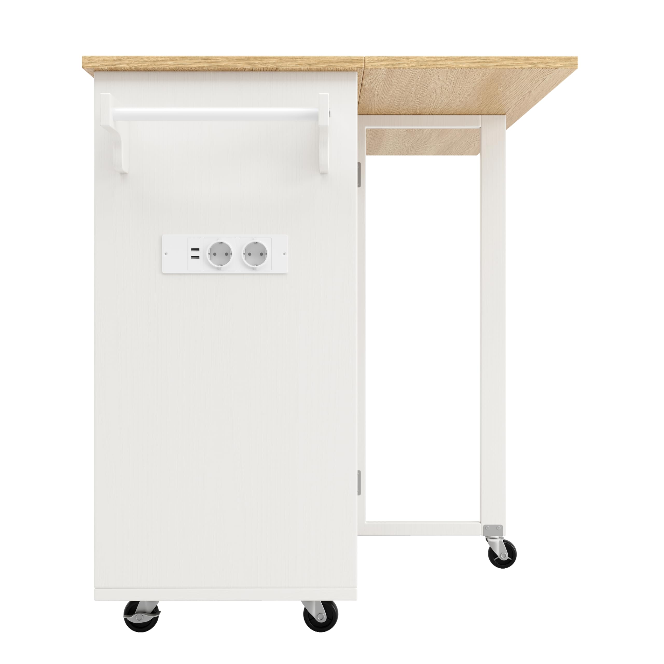 LAKFEW Isla Cocina con Ruedas y Enchufes, Aparador Cocina con Tablero Plegable y Botellero, Mueble Auxiliar de Cocina Isla de Cocina con 2 Cajones y Toallero, 131.5x43(76) x90.7 cm, Blanco+Natural