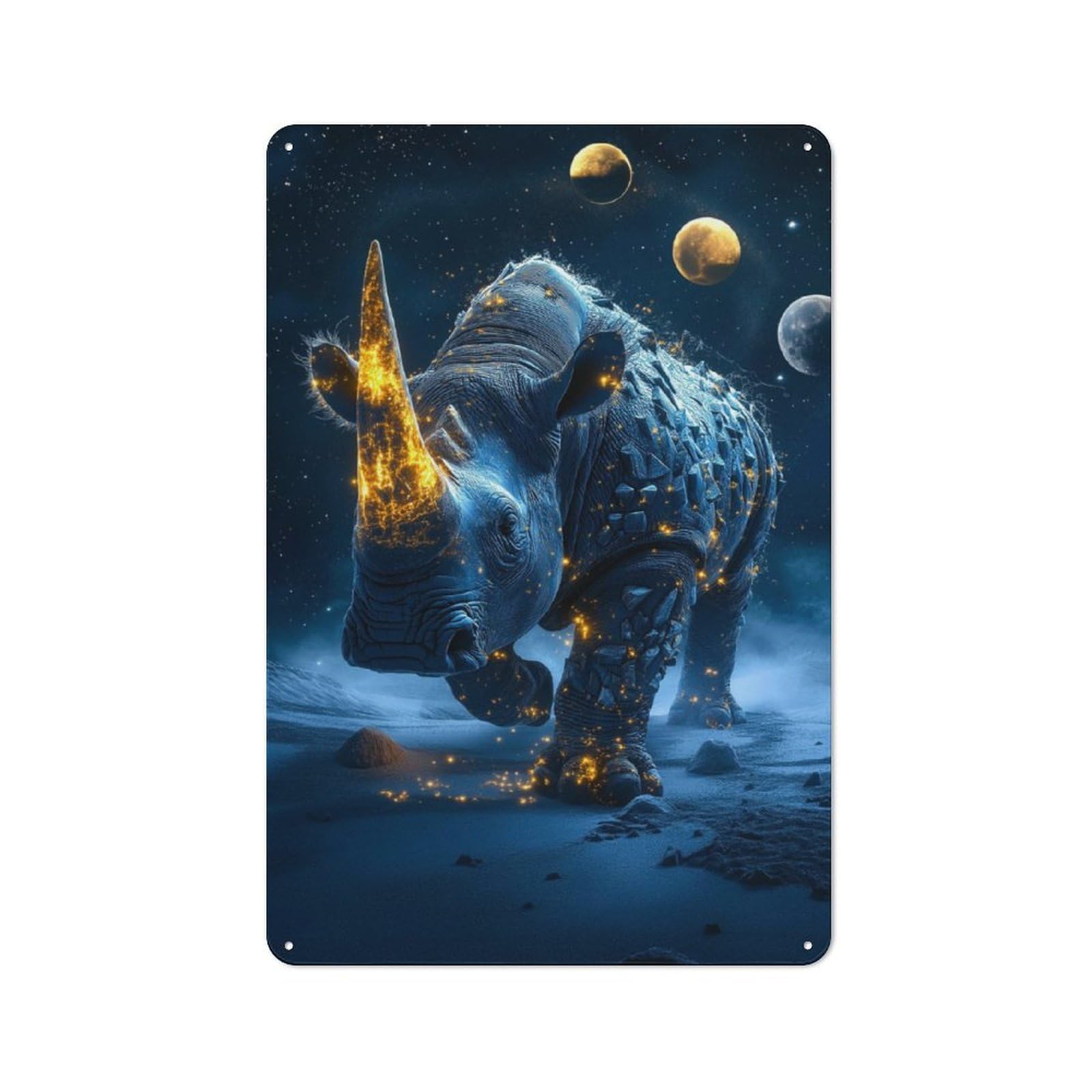Junmoney Glowing Rhino Under Stars Industrial-Style Tin Sign 30X20cm For Garage Or Workshop, For Garage, Workshop And Man Cave Decoration