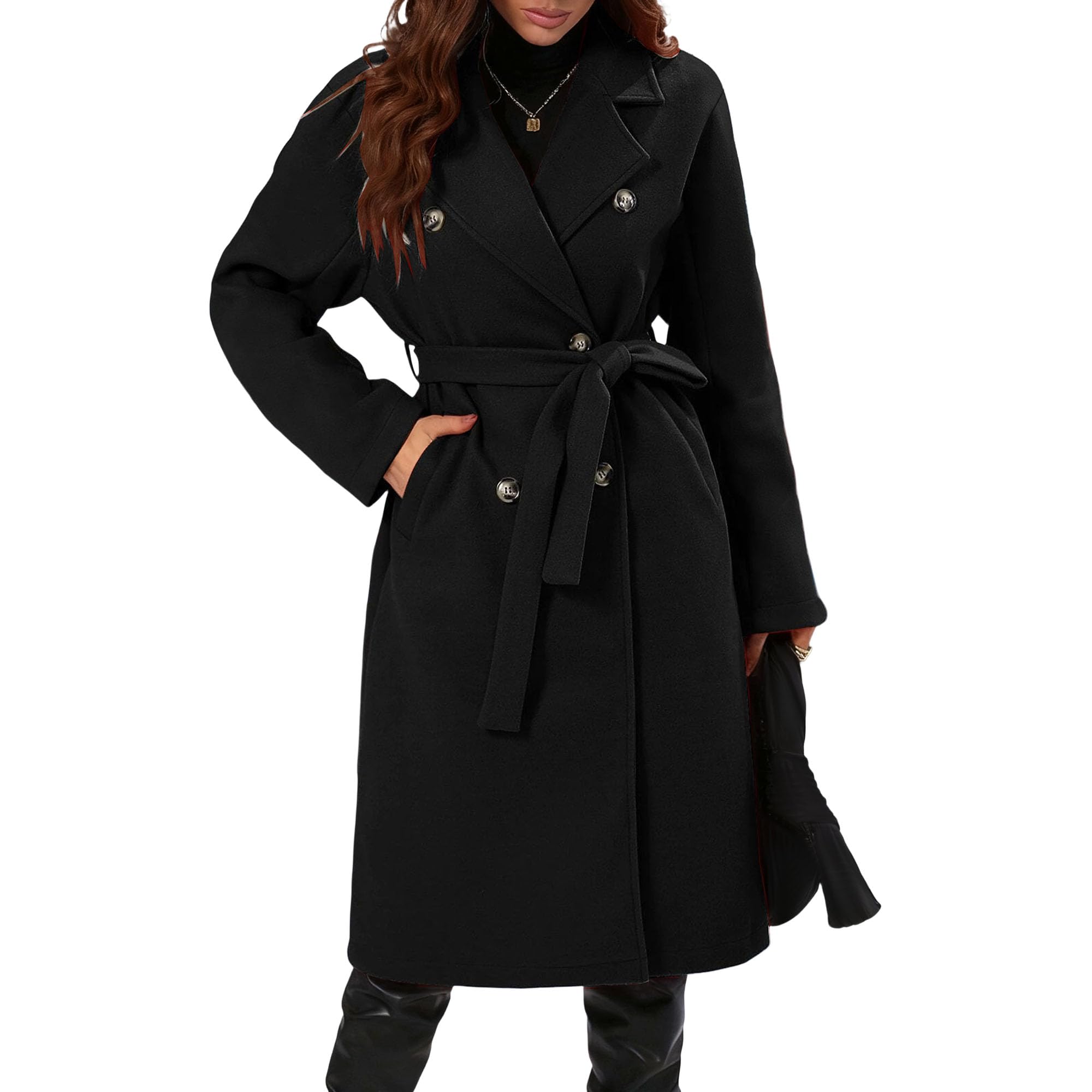 Women's elegant winter coat with lapel collar, crossover, mid