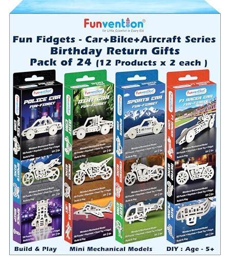 Image of Funvention Birthday Return Gifts(Pack of 24)Fun Fidgets,Aircraft+Bike+Cars DIY Mini Mechanical Models 3D Puzzle Return Favours for Kids Birthday Party 5+ Years Made in India Toys Return Gift,Silver