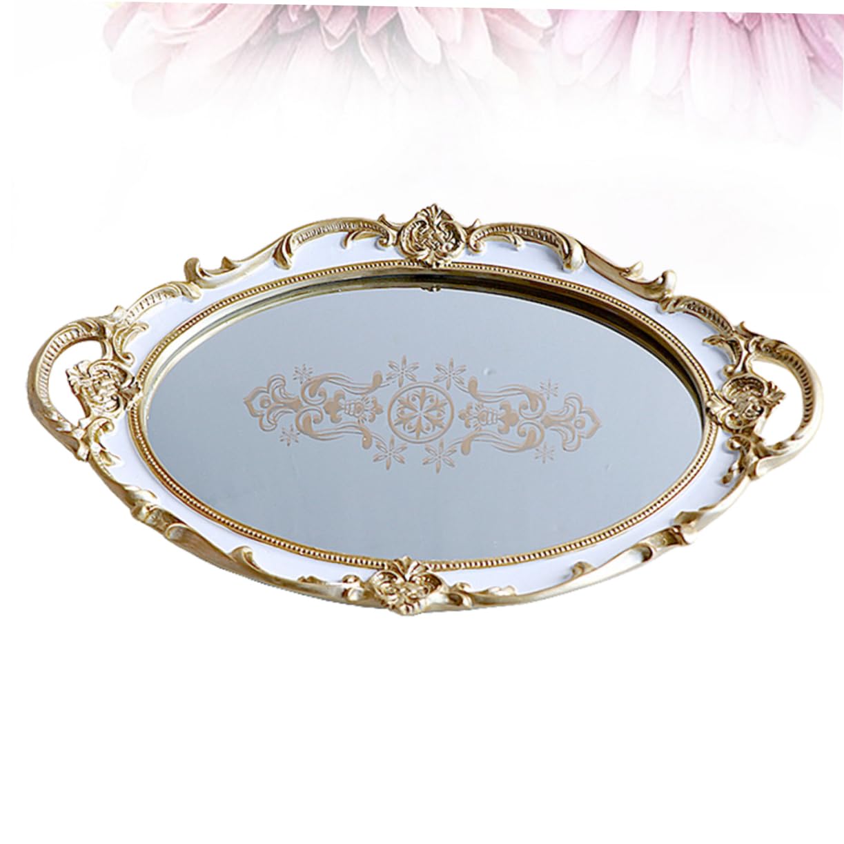 MAGICLULU Vassoio Ovale Portaoggetti in Resina Vassoio Porta Accessori Superficie Specchio Porta Gioielli Elegante per Casa Stampa Floreale Bianca