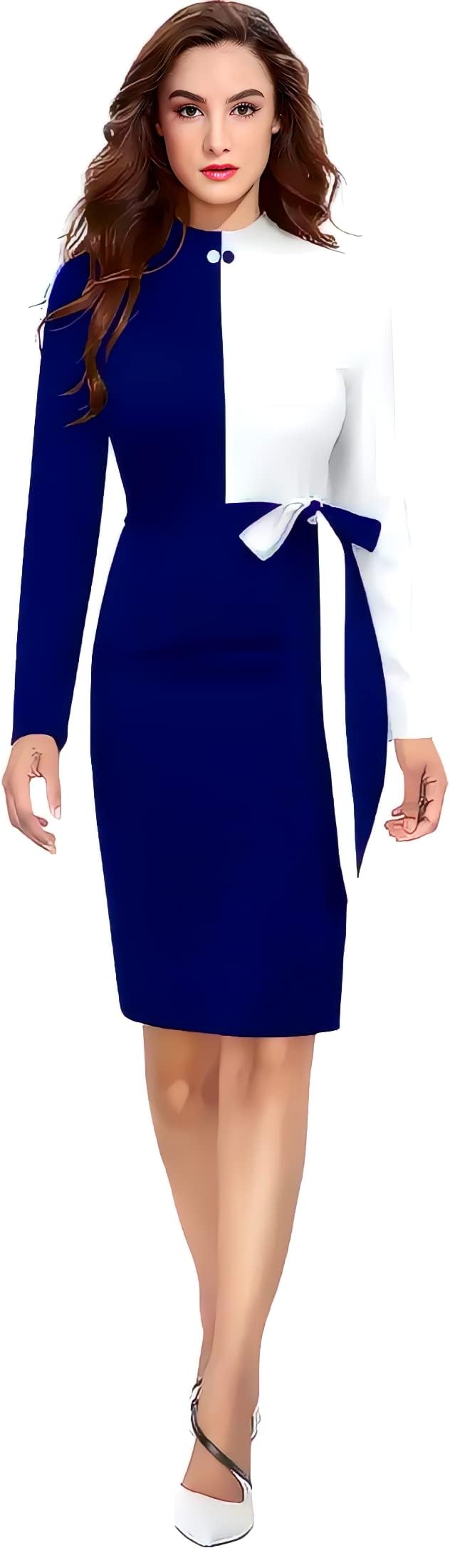 Women Polyester Colour-Block Bodycon Dress, Round Neck and Comfortable Belt
