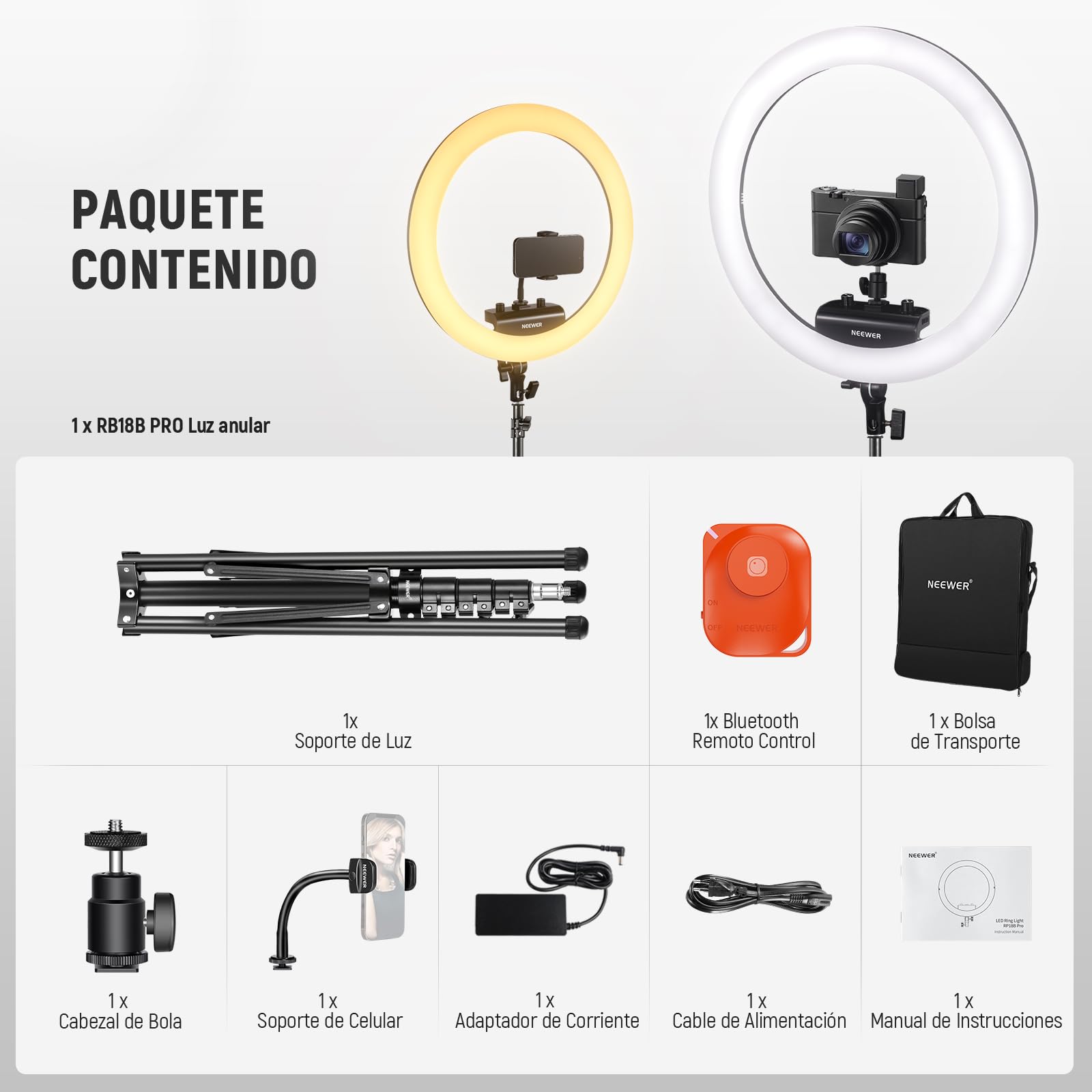 NEEWER RP18B Pro Aro de Luz 18" con Trípode y Soporte para Móvil, Compatible con iPhone, 45W 2900K-7000K App Control, Paño de Limpieza, Vídeo Selfie Maquillaje Estudio Iluminación de Streaming, Negro