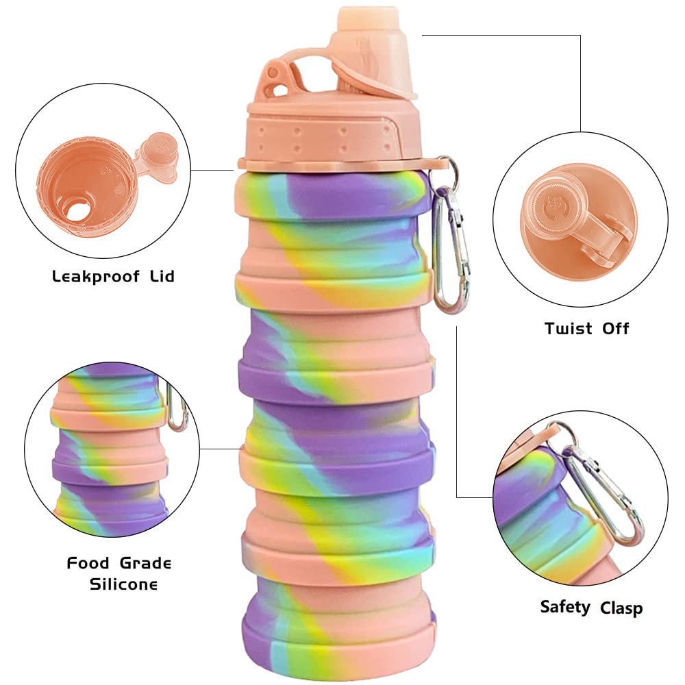Lot de 2 bouteilles d'eau pliables, 500 ml, portables, étanches, pour le camping, la randonnée, les sports de plein air, conteneur d'eau pliable léger
