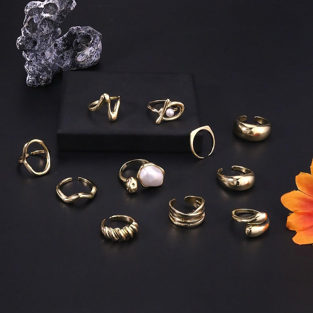 CSIYANJRY99 Gold Silver Rings Set for Women Trendy Irregular Chunky Gold Ring Baroque Pearl Rings Stackable Statement Knuckle Ring Jewelry - Image 9