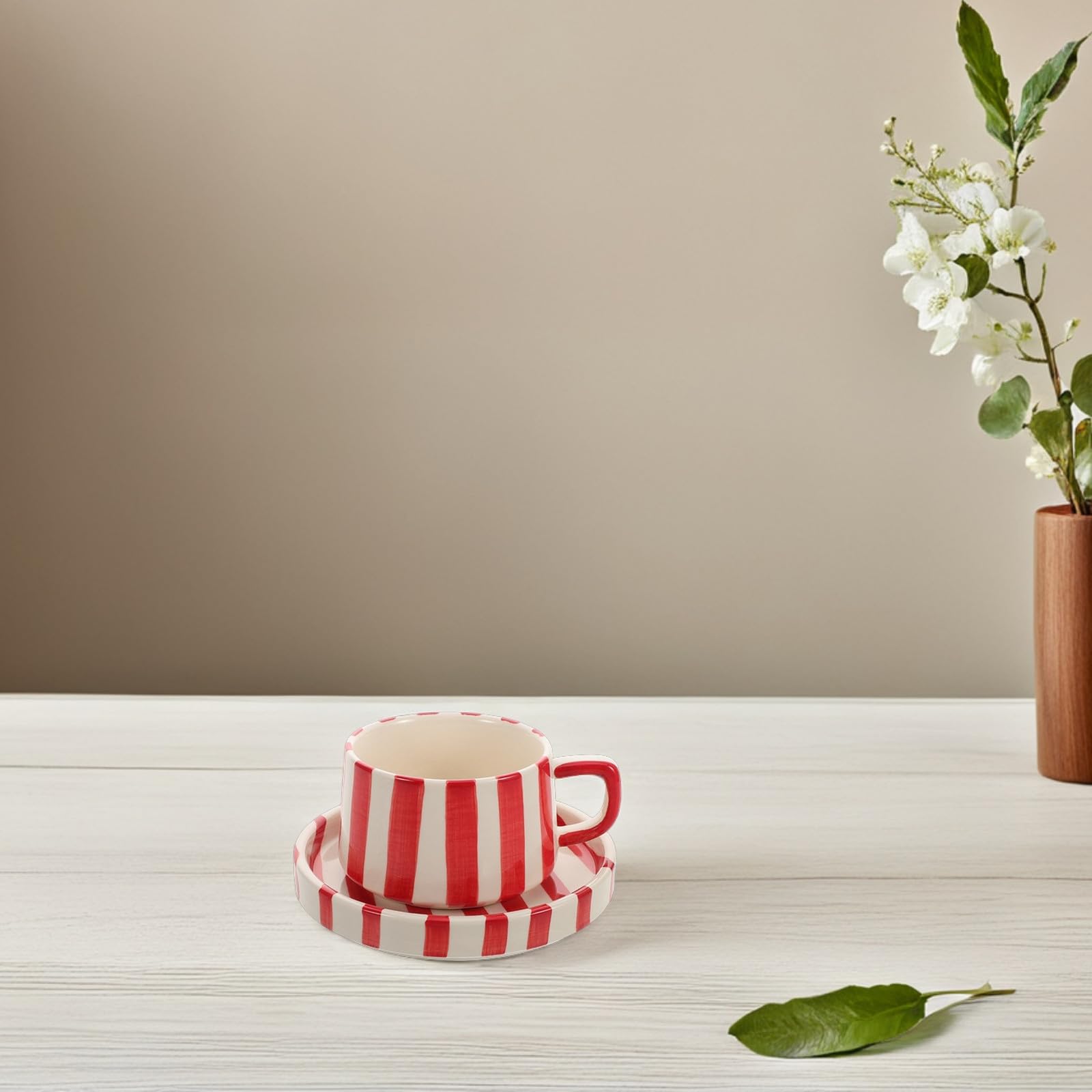 Healvian Set di Tazze da Caffè in Ceramica a Righe Piattino, Tazza da Tè Rustica per Ufficio e Latte Art, Tazza Novità Carina per Cappuccino e Bevande Calde