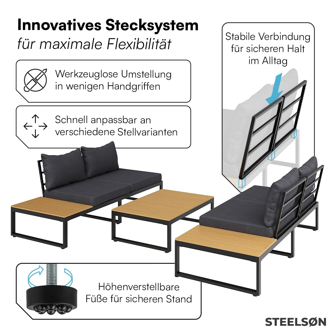 STEELSØN Zandra Gartenlounge Outdoor – modulares Gartenmöbel Set mit Ecksofa & Tisch wetterfest – Balkonmöbel aus Akazien Holz & Stahl mit Kissen in schwarz – Loungemöbel für Garten/Terasse/Balkon
