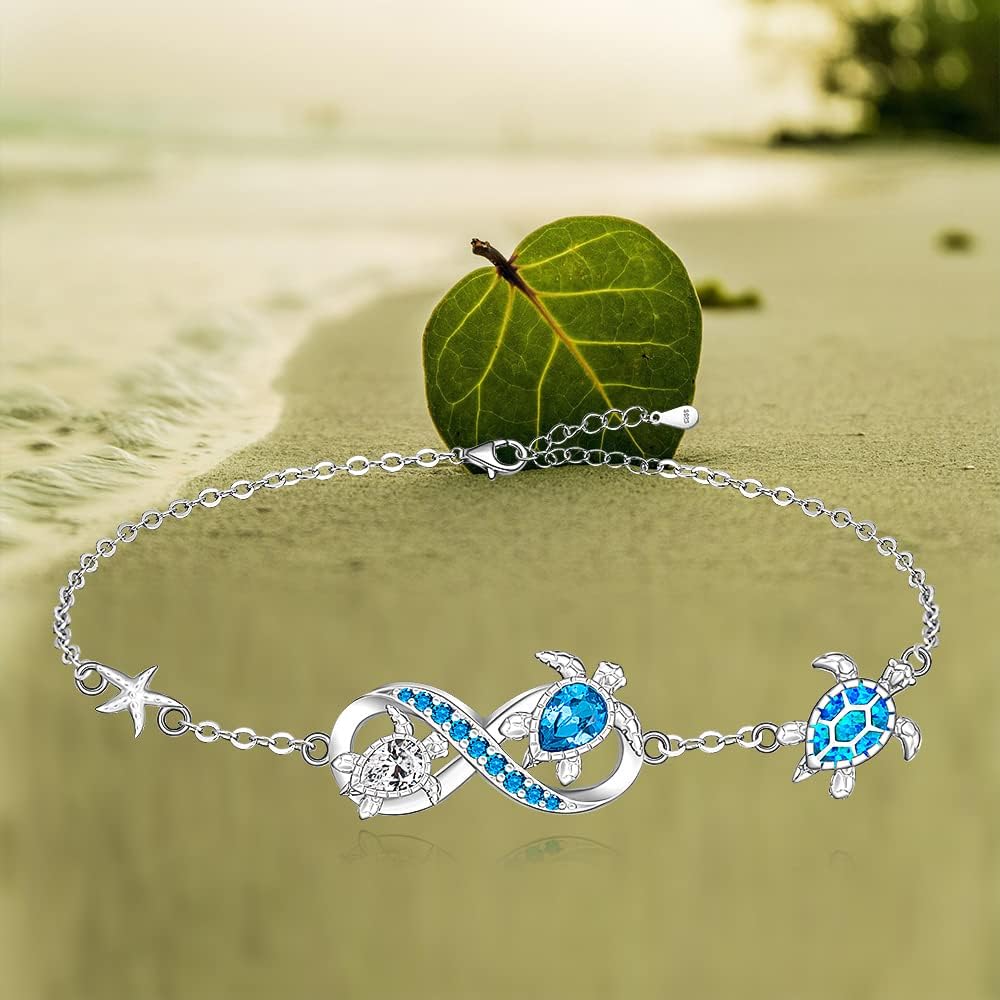 Fenthring Turtle Bracelet for Women Blue Opal Ocean Sea Turtle Bracelet Charms Sterling Silver 925 Crystal Summer Beach Hawaiian Infinity Friendship Tortoise Jewelry Gifts - Image 4