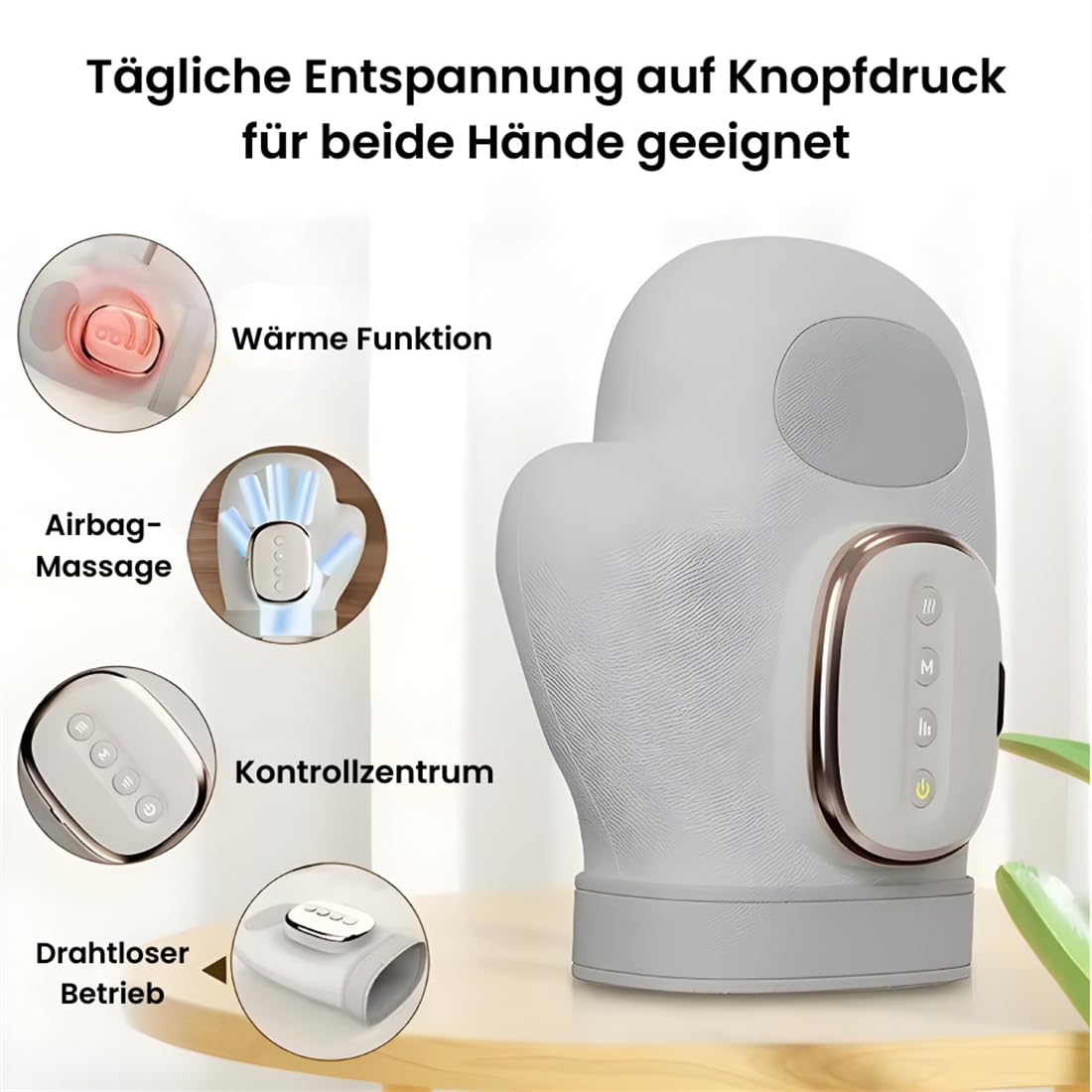 Kabelloses Handmassagegerät mit Wärme & Kompression – 5 Intensitätsstufen, ergonomisch, gegen Arthrose, Karpaltunnelsyndrom & steife Finger