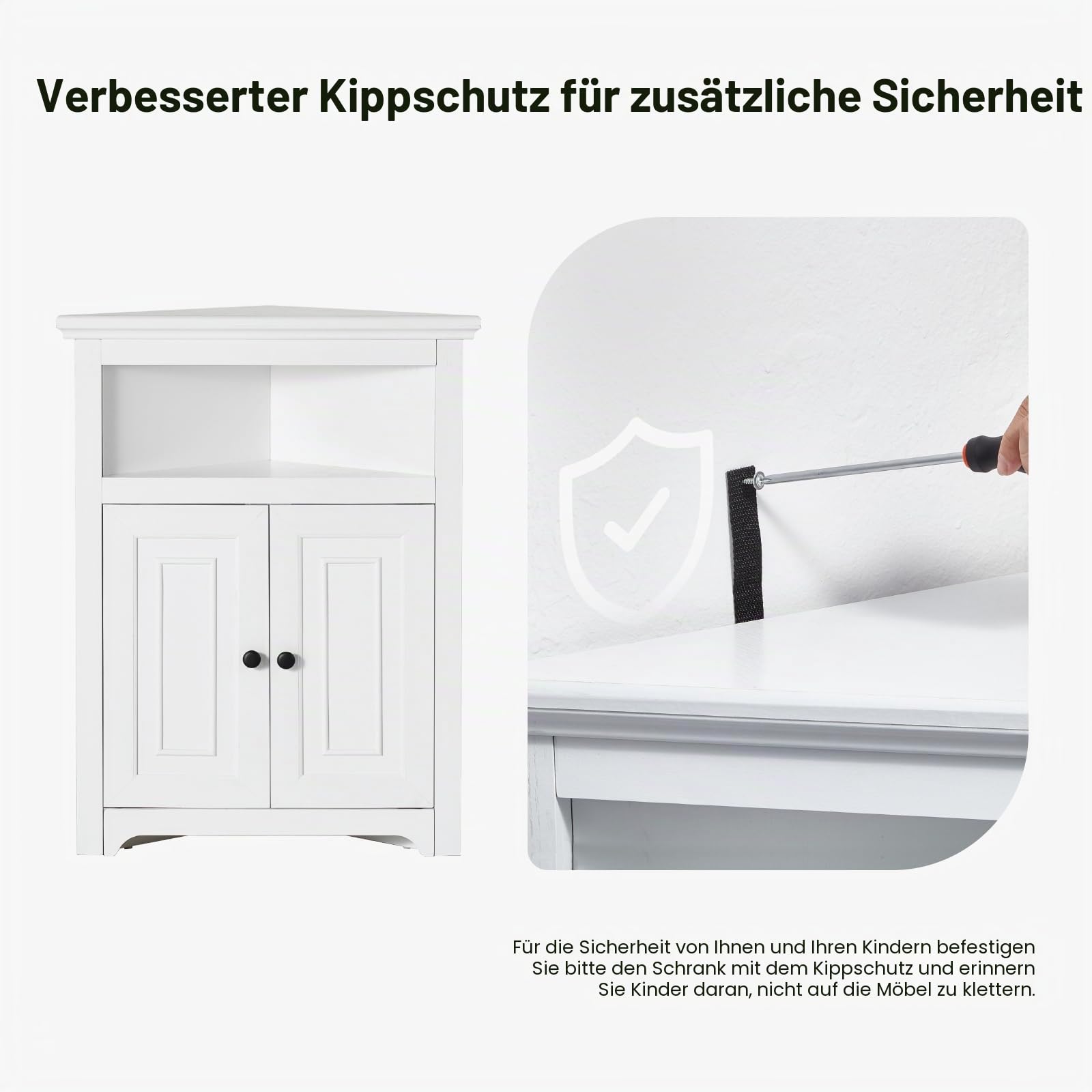 VEVOR Eckschrank Aufbewahrungsschrank mit 3-stufiger Regalen Mehrzweckschrank (845 mm Hohe) mit 2 Holztüren und verstellbaren Regalen, freistehender Küchenschrank für Wohnzimmer Waschküche, weiß