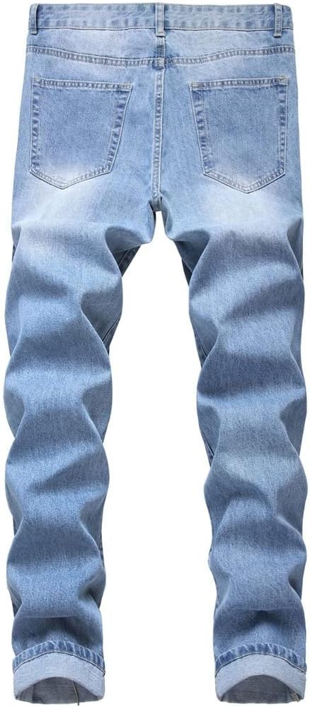 Light Men's Ripped Jeans Straight-Leg Slim-fit Non-Stretch Denim Trousers