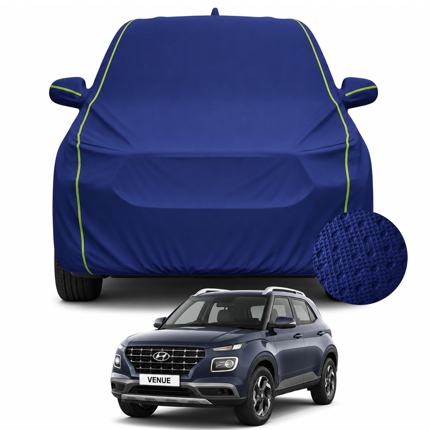 Pivalo Premium Car Cover for Hyundai Venue 100% Waterproof All Weather Protection Dustproof 3 Layer PP & Soft Cotton Inner Lining Fabric Tripple Stitched Secure Fit Full Body Cover (Tiebond Blue)-image-7