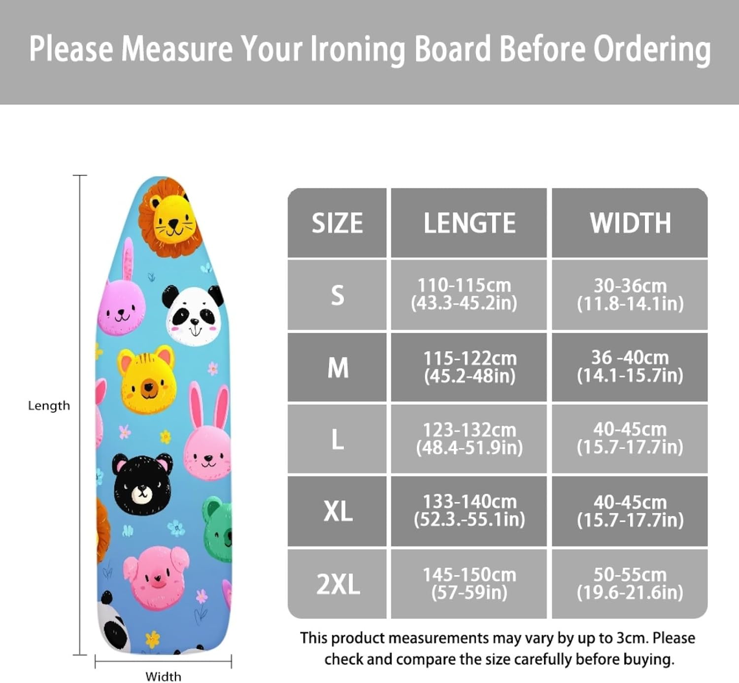 Large Ironing Board Cover and Pad 59x19 Animal Heads Blue Iron Table Cover with Padding,Extra Wide,Resist Scorching and Staining,Heatproof,Adjustable Fastener Durable Stain