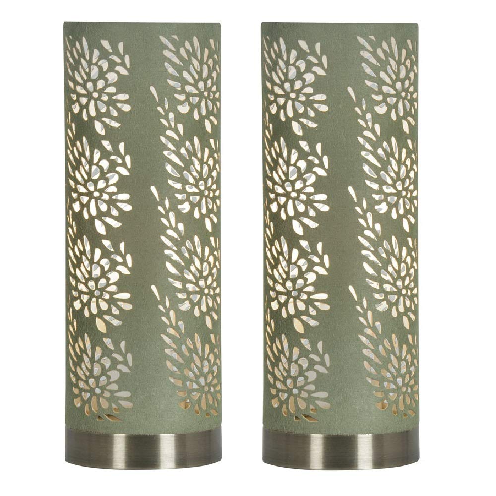 Britalia 2 Pack - Brushed Brass & Sage Green Suede Floral Etched Cylinder Shade Touch Table Desk Lamp | 1 x E14 SES Dimmable Lamp Bulb Required (Not Included) | 3 Position & Off Touch Control