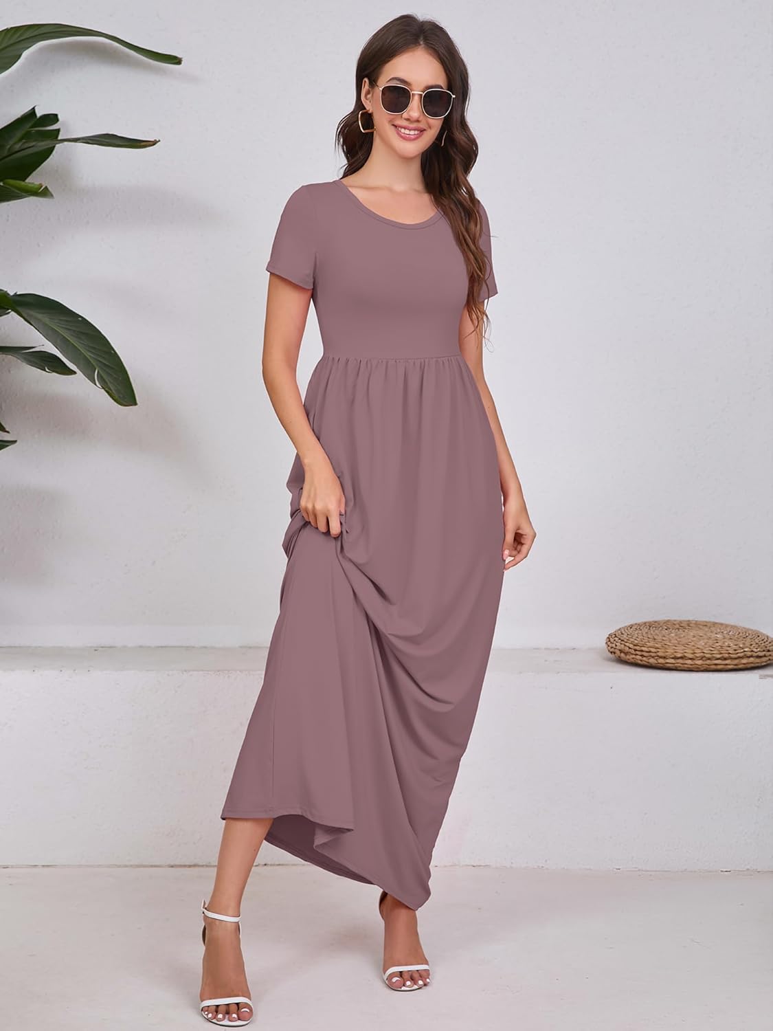 DEARCASE Maxi Dress for Women Short Sleeve Casual Summer Loose Plain Comfy Long Dresses with Pockets - Image 4